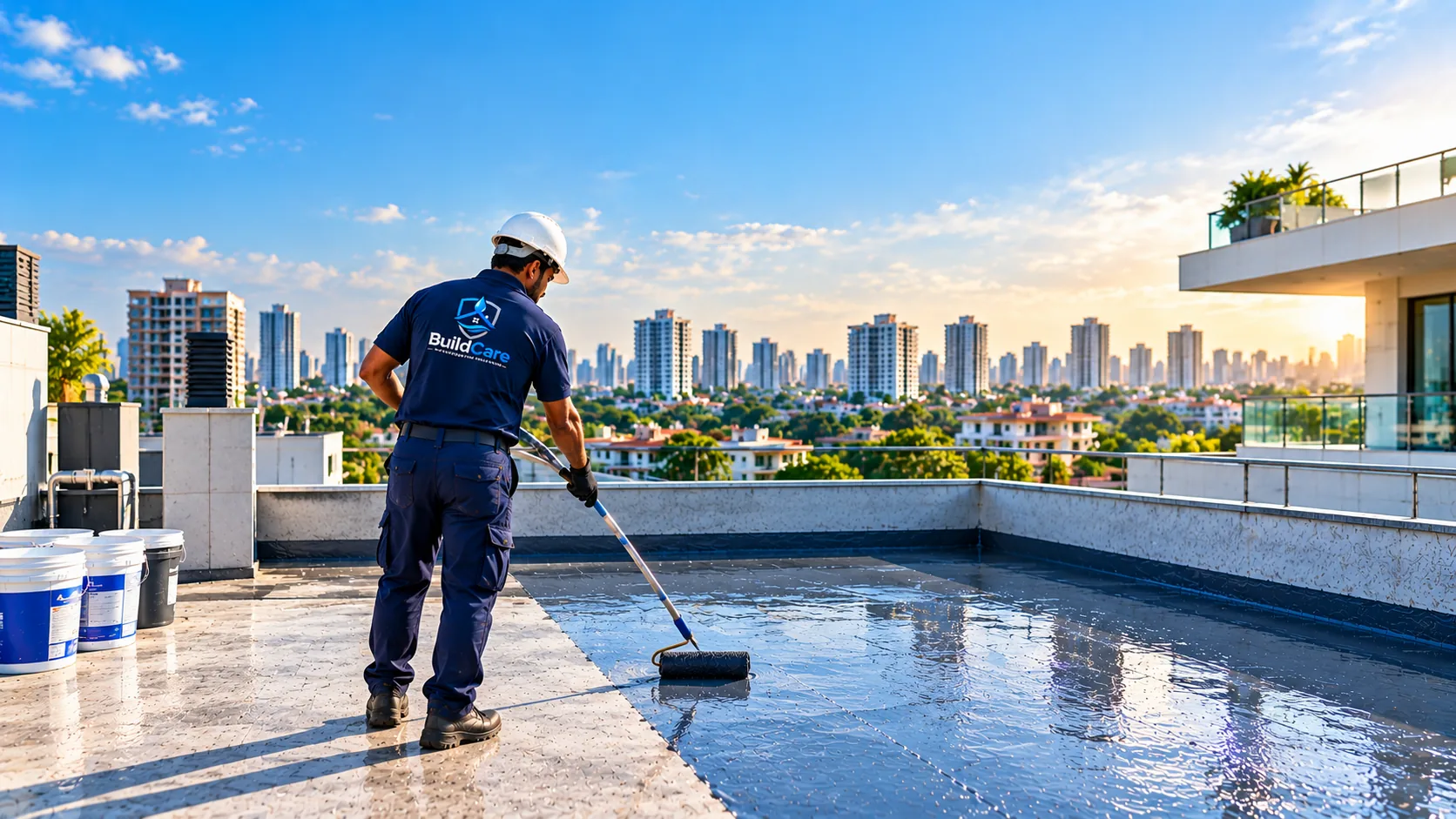 Buildcare waterproofing technician applying a waterproofing membrane to an exposed terrace at golden hour