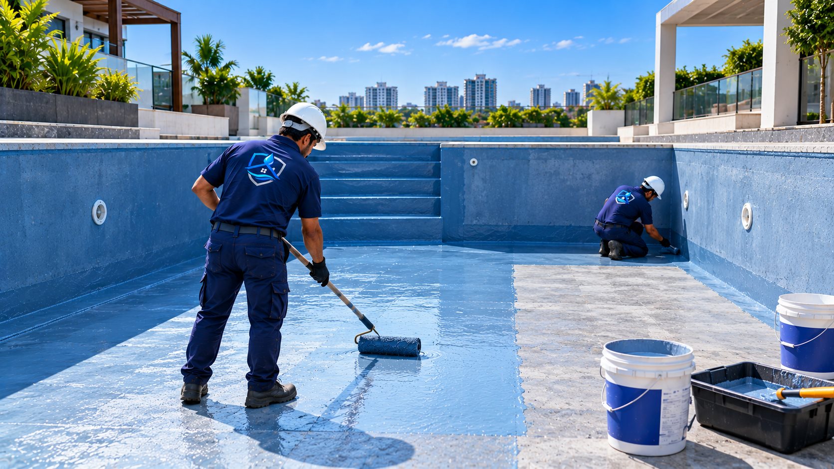Buildcare technician applying a blue waterproofing coat inside a swimming pool