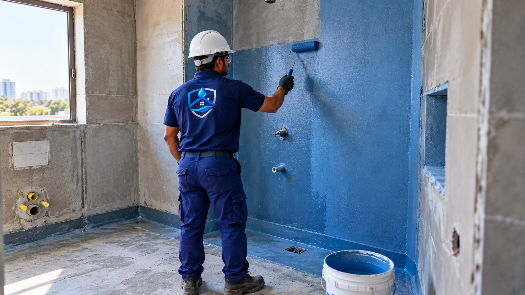 Buildcare technician painting a blue waterproofing coat on an interior wall
